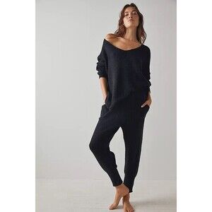 NWT FREE PEOPLE SIZE L C.O.Z.Y. SWEATER WAFFLE KNIT JOGGER PANTS BLACK